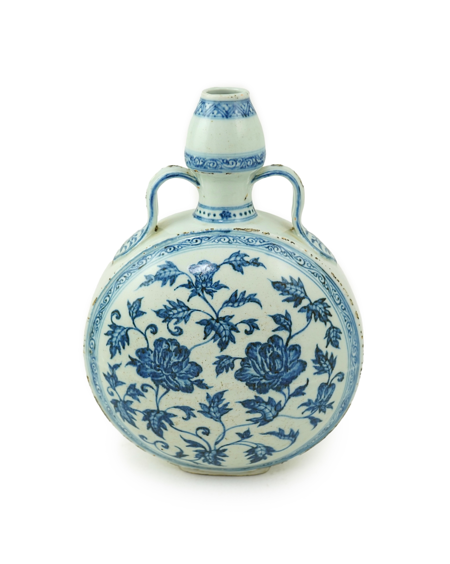 A Chinese blue and white moon flask, bianhu, in Ming style
